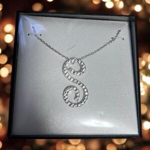 Script Initial necklace S Silver Pendant with diamond rhinestones gift ready
